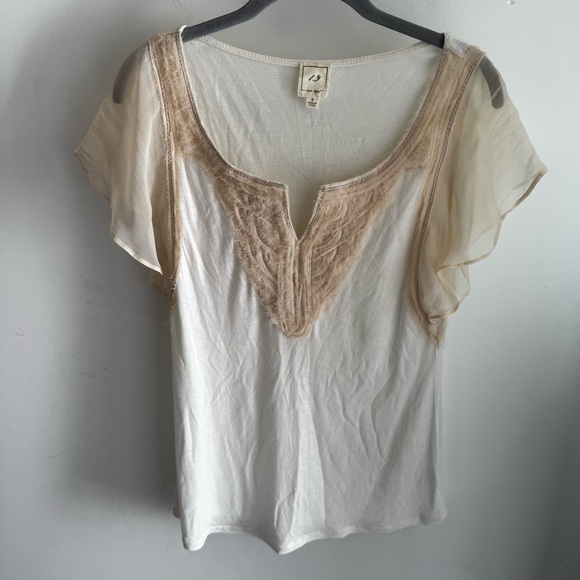 Anthropologie Tops - Vintage Anthropologie 1.9 One September Bohemian Neutral Silk Ruffle Sleeve Tee